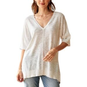 Eileen Fisher Linen Knit V Neck Tunic Top Womens Small White Minimalist